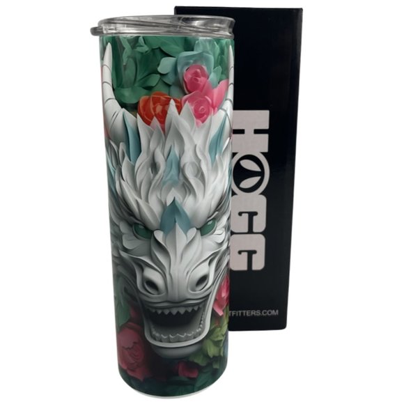Skinny Tumbler 20oz 3D Dragon Colorful Paper Dragon and Flowers Stainless-Steel - Picture 1 of 10